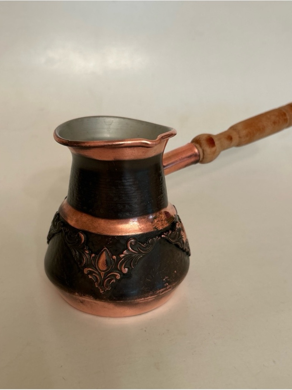 Vintage Embossed Copper Turkish Coffee Pot (Cezve/Ibrik) with Turned Wood Handle